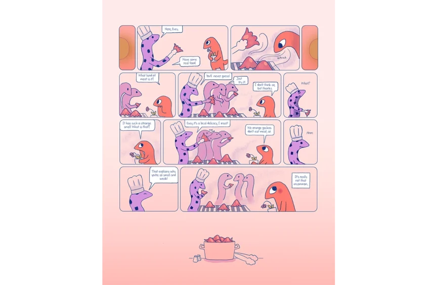Comics sequence on a pink background showing an orange gecko, Eva, talking to purple geckos in front of a grill.