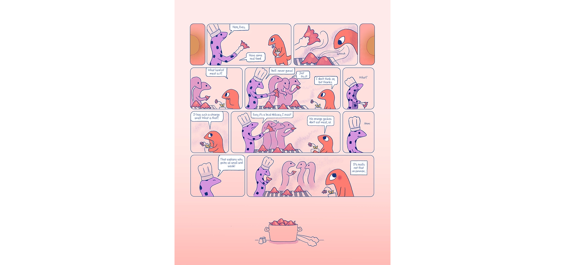 Comics sequence on a pink background showing an orange gecko, Eva, talking to purple geckos in front of a grill.
