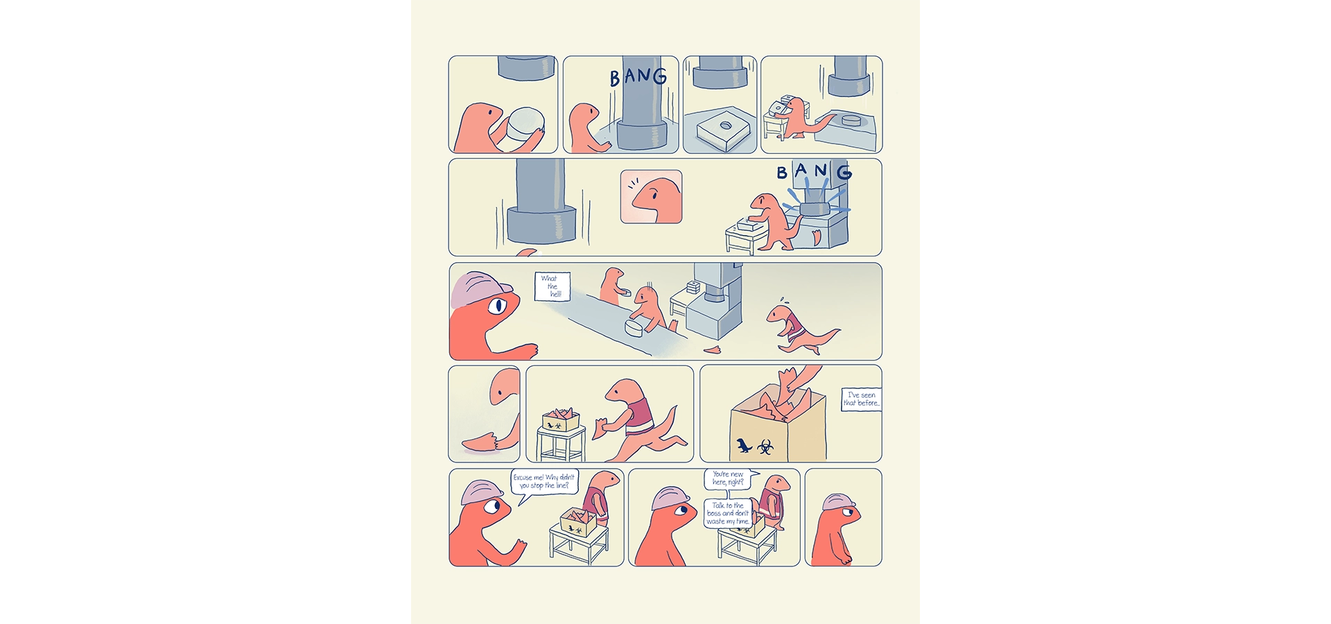 Comics sequence on a pale green background showing a worker gecko operating a press machine. Her tail gets cut off by the machine, and a supervisor rushes to pick up the severed tail and put it into a container with other tail bits.