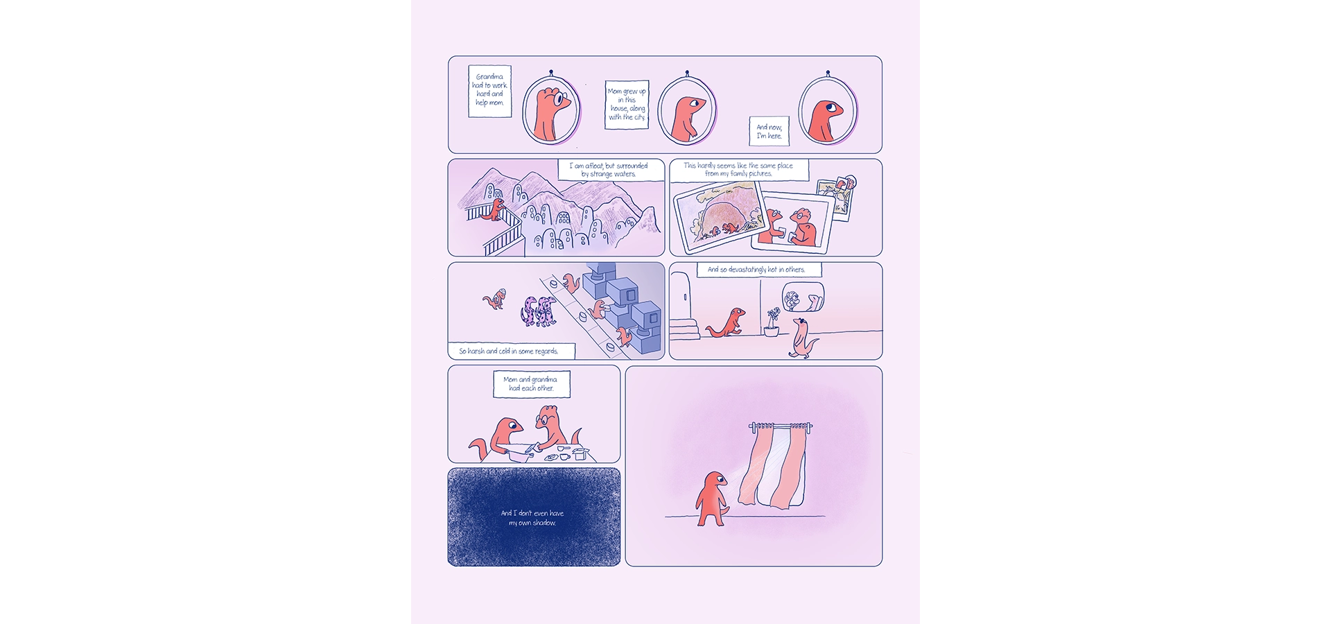 Comics sequence on a purple background. Scenes of old family pictures and mundane life are contrasted. Eva, an orange gecko, narrates her thoughts.