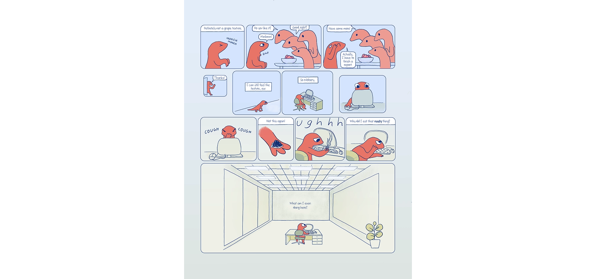 Comics sequence on a blue background with a green gradient. Eva tries a strange meat surrounded by her colleagues. She goes back to her desk, and coughs up a black substance that evaporates in her hand. Eva laments her choice to eat the meat and looks at the surrounding office space in despair.