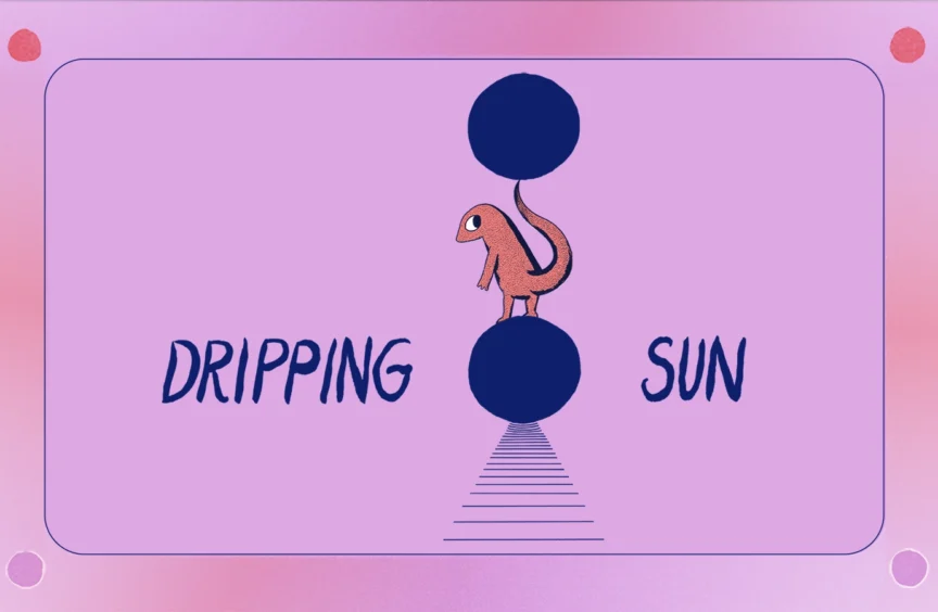 An orange gecko stands on two legs on a dark blue circle resembling a sun. Parallel lines radiate from the bottom of the circle. Another blue circle floats above the gecko’s head. The gecko is looking over her shoulder, staring at the reader. Four decorative suns are placed on the corners of the image over a purple background.