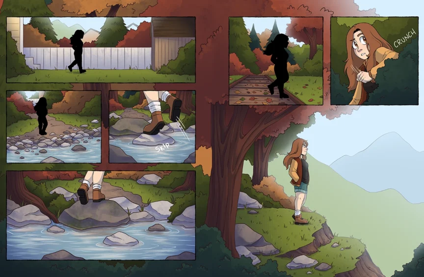 A full-page comic spread of a girl crossing a creek and walking up a trail into the mountains. On the second page, she stands on a cliff looking out over the picturesque view of the mountains.