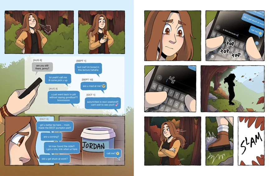 A two-page comic spread featuring a girl standing on a cliffside by the mountains. She takes a deep breath before looking at her phone, a conversation between her and her sister appearing on the page. The conversation is one-sided, appearing as if the sister has never answered her. The girl begins to type another message before deleting it. She turns to leave the cliffside and trips over a rock, with the page ending on a SLAM sound effect.