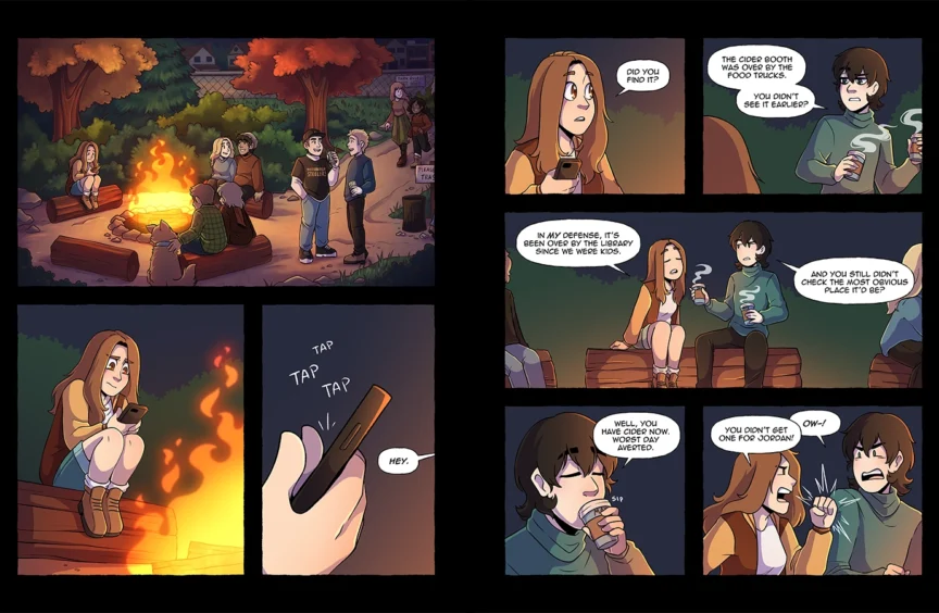 A two-page comic spread of a bonfire at a town festival. The townsfolk enjoy each other's company as they chat around the fire. A girl sits alone on a log by the fire, looking concerned as she taps away at her phone. A boy calls out to her, sitting next to her at the fire and handing her a cup of hot apple cider. The two chat for a while.