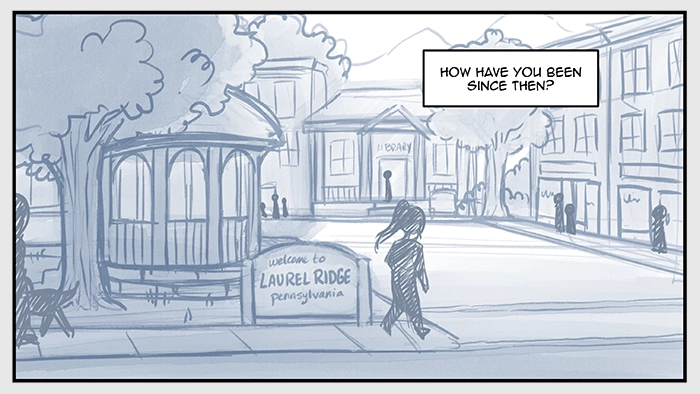 A digital sketch of an establishing shot from an early version of the comic. The sketch is of the downtown area of the fictional town of Laurel Ridge, featuring a park bandstand and a sign saying “Welcome to Laurel Ridge, Pennsylvania.” The silhouette of a girl walks past the sign.