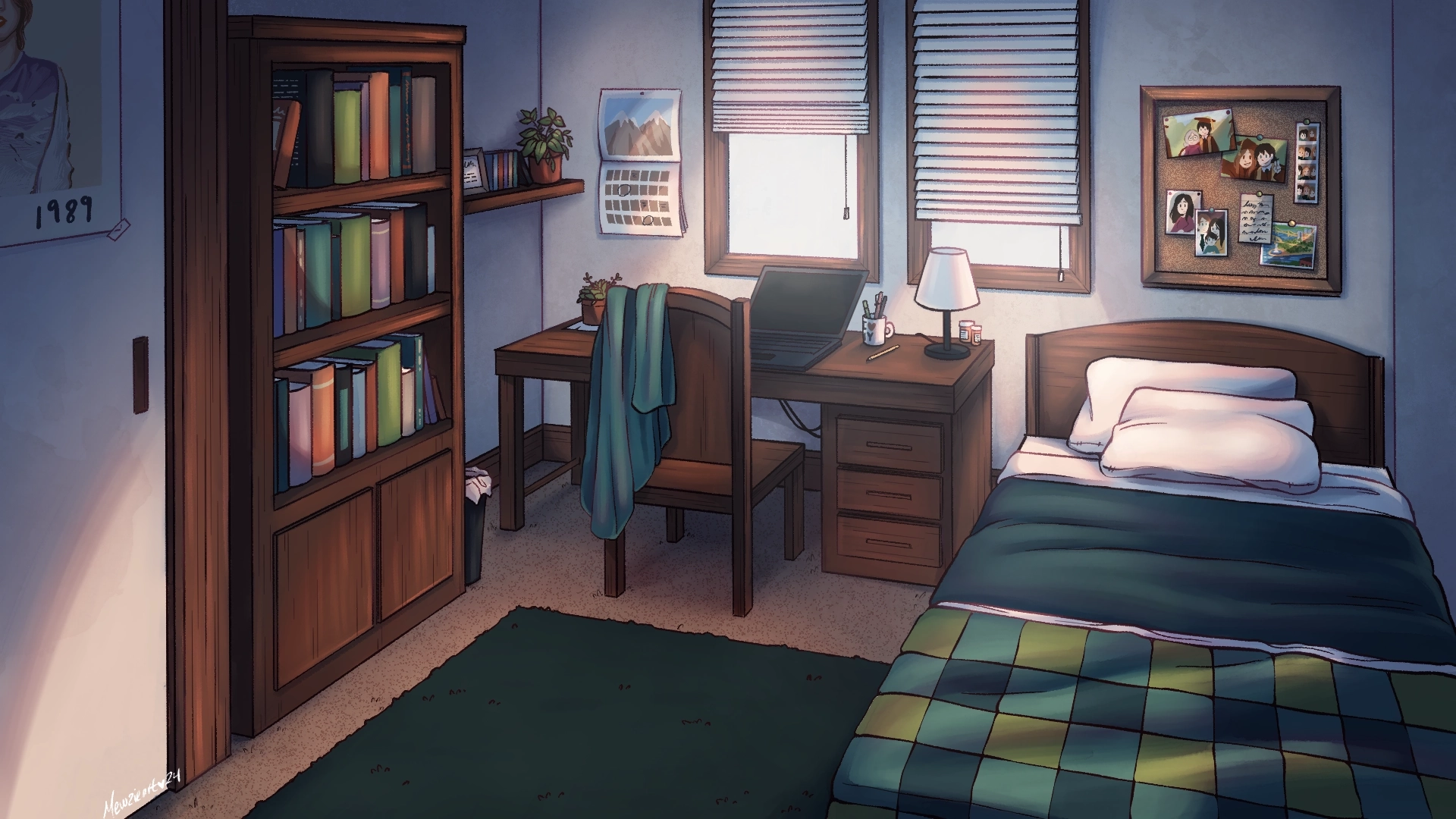 An illustration of a small bedroom. The room contains a small twin-sized bed, neatly made, with a quilt laying on top of it. Above the bed is a corkboard of pinned photos of the character’s life. By the windows is a desk with a laptop, lamp, and plant sitting on top of it. The far side of the room has a large bookshelf next to the closet, filled to the brim with books of varying sizes. The room is small, but orderly, with bits of personality around the room.