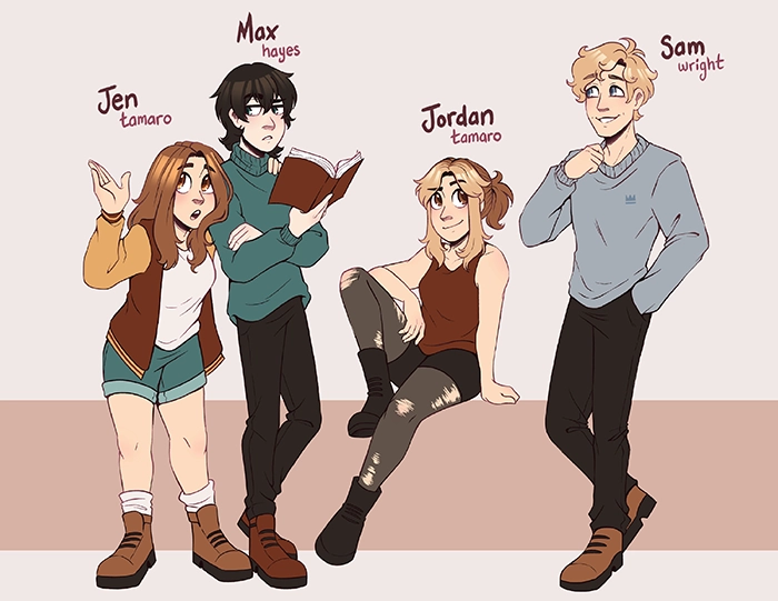 Four characters stand together in a design sheet. The first two are a boy and a girl. The girl has long brown hair and is wearing a red-and-gold high school letterman jacket with denim shorts and hiking boots. She’s leaning against the boy, who looks annoyed at her. The boy is taller and thinner, wearing a blue-green turtleneck sweater with black jeans and brown boots. He has black hair that hangs in his face. The third character is a girl sitting on an invisible wall. She has the same brown hair as the first girl, but with bleached blonde streaks that frame her face. She wears a dark red tank top, black shorts, torn black tights, and black combat boots. On the end is a tall, athletic boy with curly blonde hair. He wears a light blue-grey sweater and black jeans with hiking boots.
