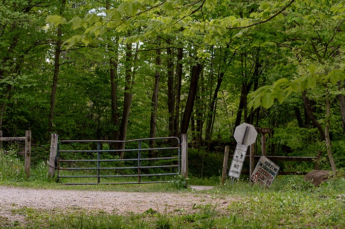 A photograph of the entrance of a trail in the woods. The gate and fence are rusted, and several trail signs lay broken beside the gate. The trees around it are a bright, lively green.