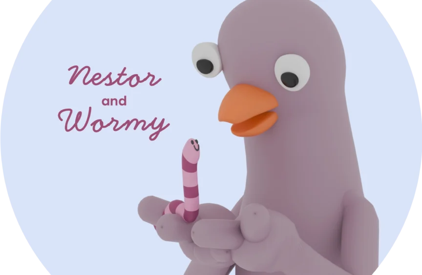 A pink bird cradles his pet worm in his hands and they gaze at each other lovingly. Caption: Just a boy and his pet worm.