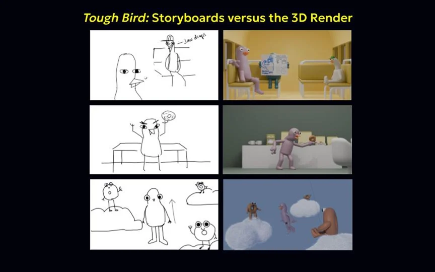 Six panels showing the handdrawn storyboards and the 3D animated images of Tough Bird.