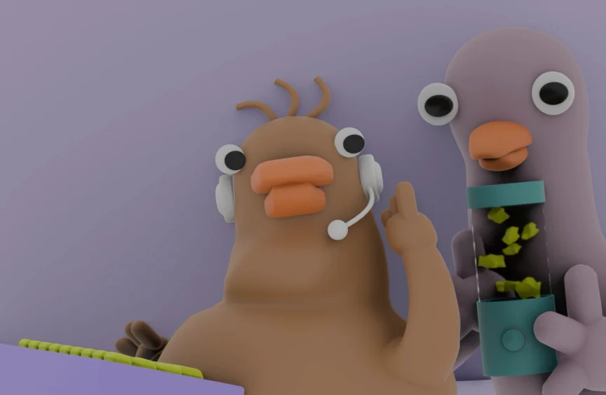 Two birds look at each other while one holds a green blender.