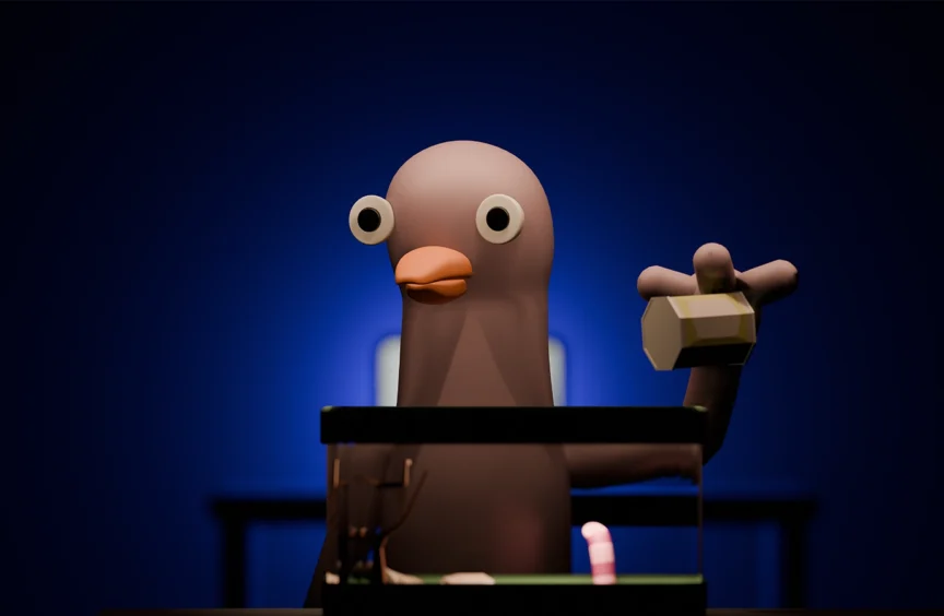 A pink pigeon stares over his right shoulder. In the background, a bright blue light emanates from behind.