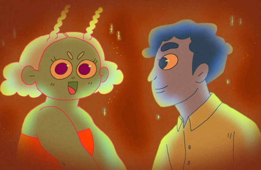 A green girl on a date with a blue man. He looks at her while she looks facing the audience gleefully