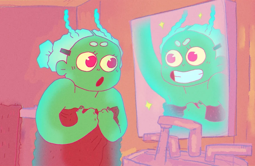 A green girl looks into a mirror, shocked. Her reflection is deviating from being a reflection and cheering her on.