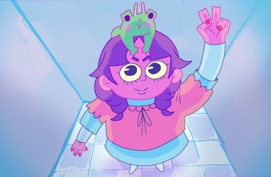 A frog rests on a purple girl’s head. They are in an elevator going up.