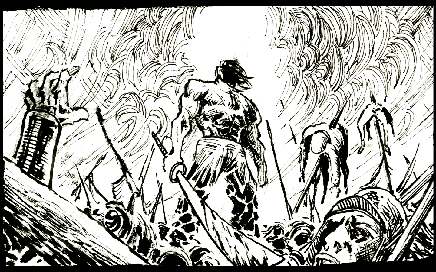 B&W, a half-naked man holding a sword standing in the battlefield, his face is in silhouette, a lot of corpses on the ground.