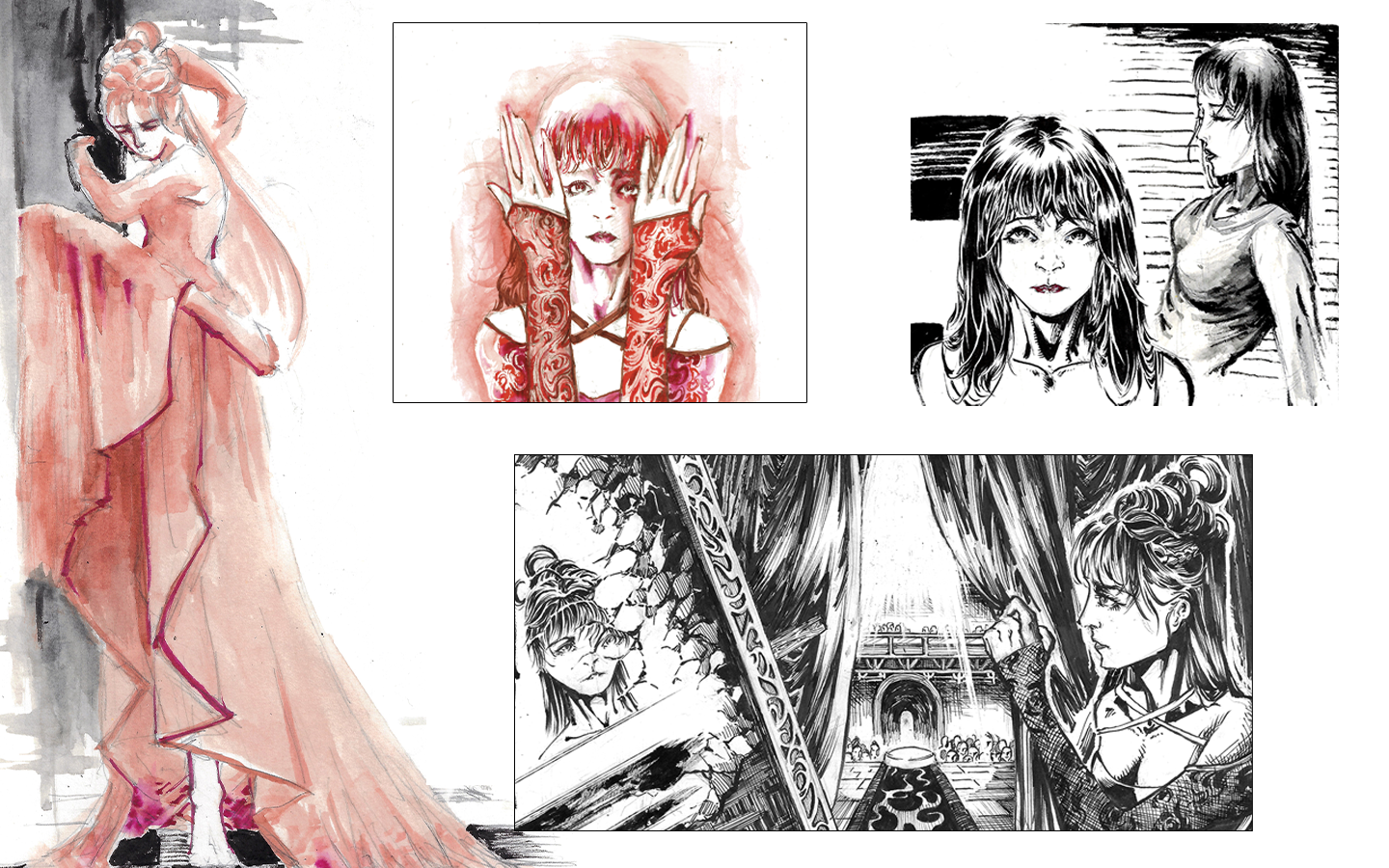 A composition of a lady's character sheet, a water-color red full-body drawing on the left, where she's doing a dance pose. The panel on the right button indicates that she’s hiding behind a drape.
