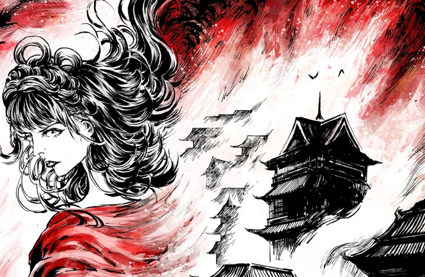 black&white&red, a lady in red cloth on the left, burning city on the right.