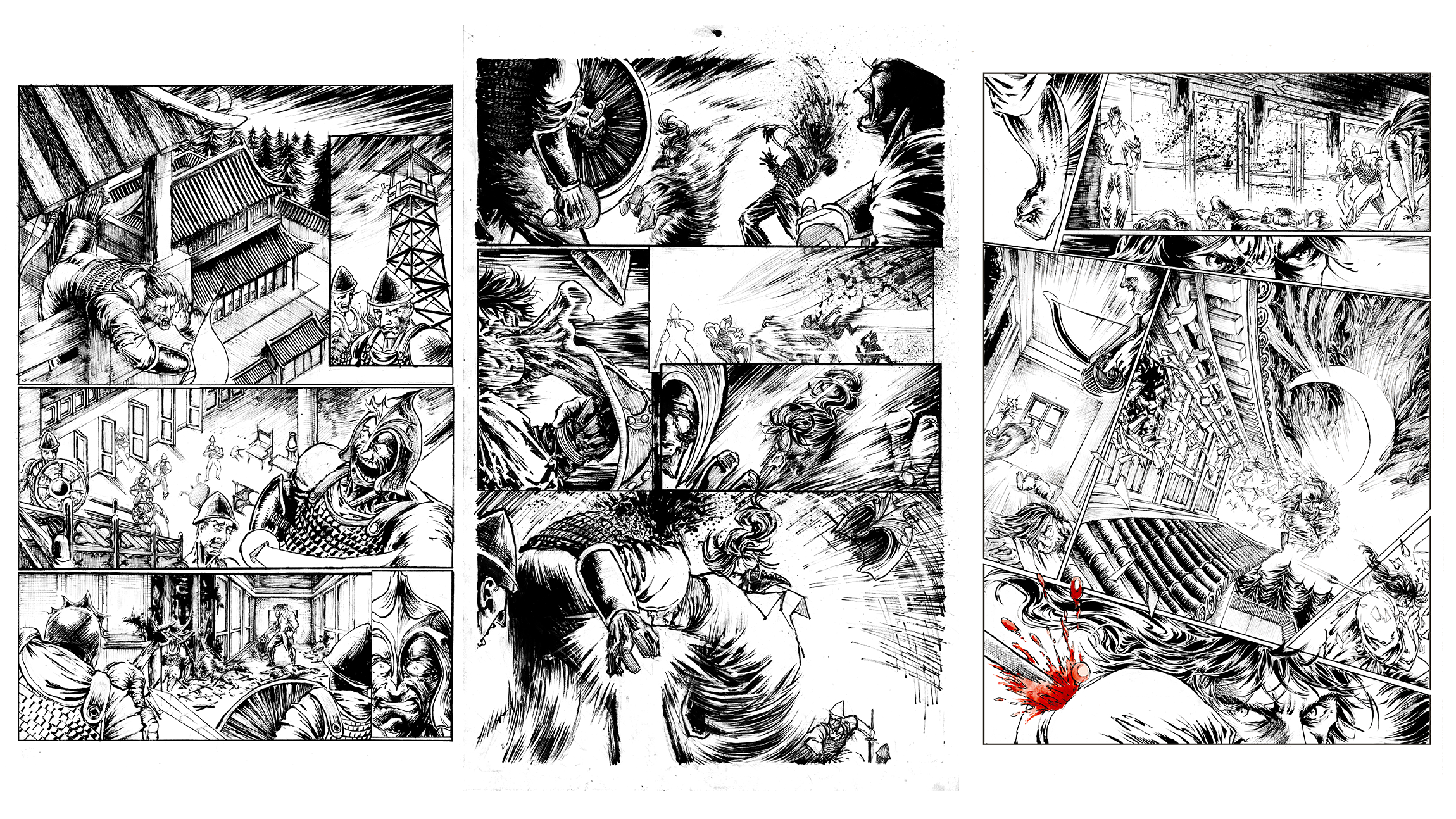 Three-page-spread horizontal image, the first page is a guard calling out on a watch tower, waving a flag.