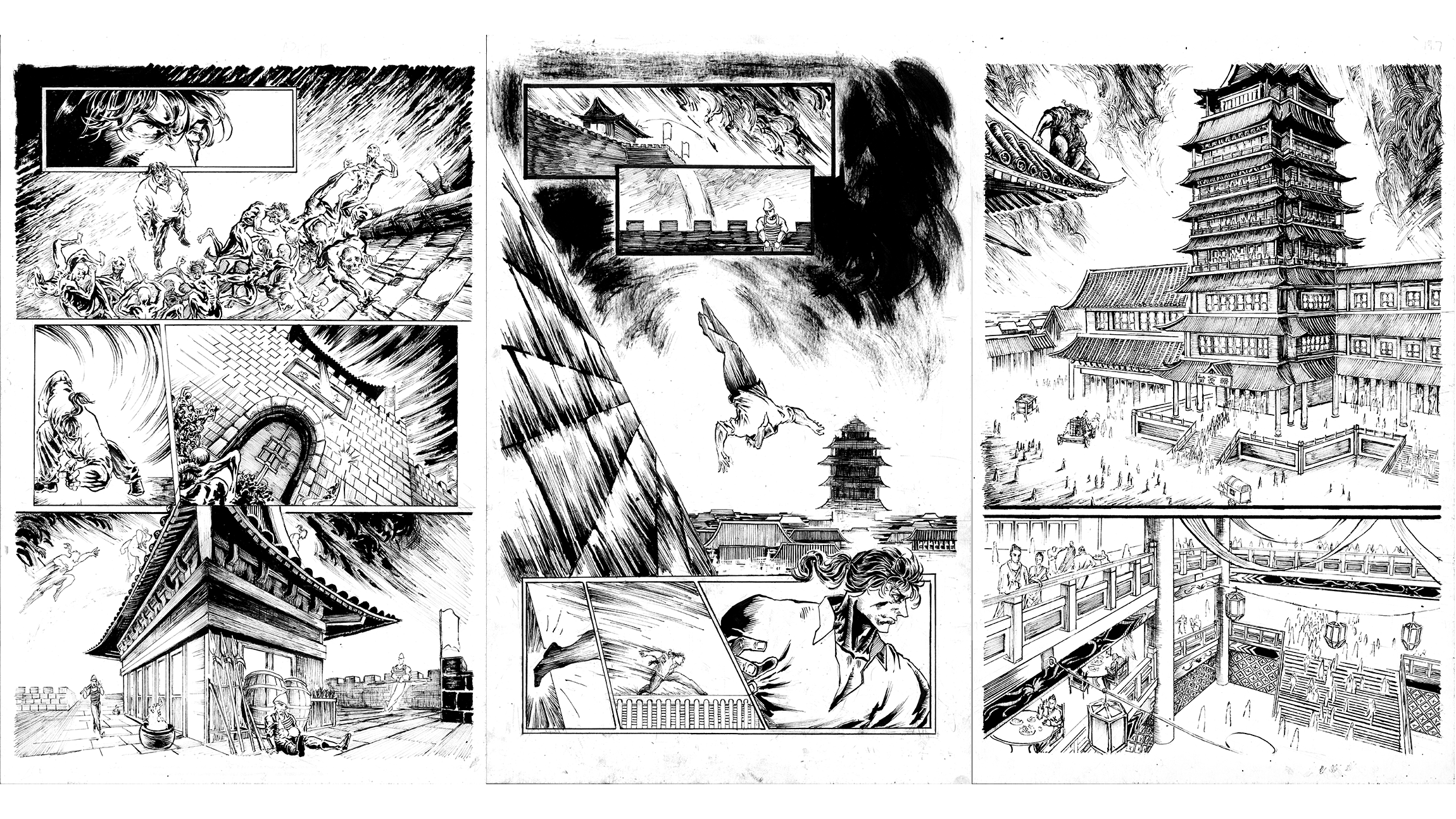 Three-page-spread horizontal image, the third page's first panel is an establishing shot of a tower.