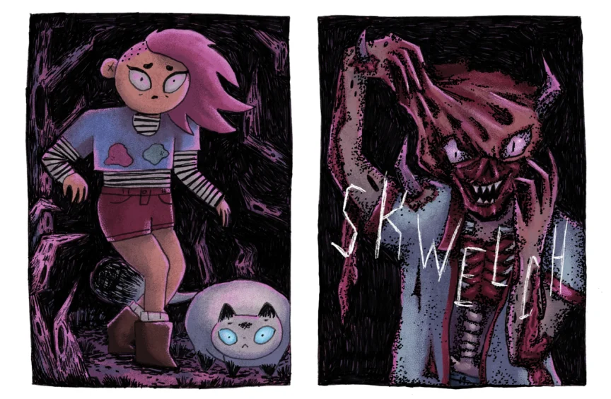 image of two panelled comic. A girl with pink hair and a cat look shocked in panel 1, in panel 2 a man like monster rips the skin off of his face