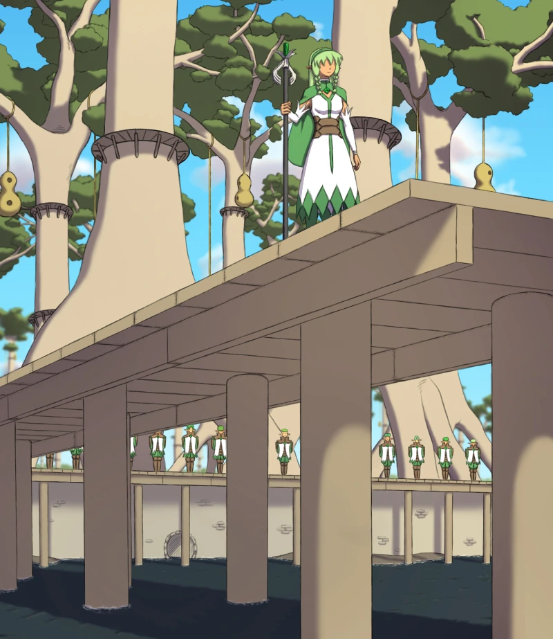 Eralil standing on a bridge with Straya and Rangers behind her.