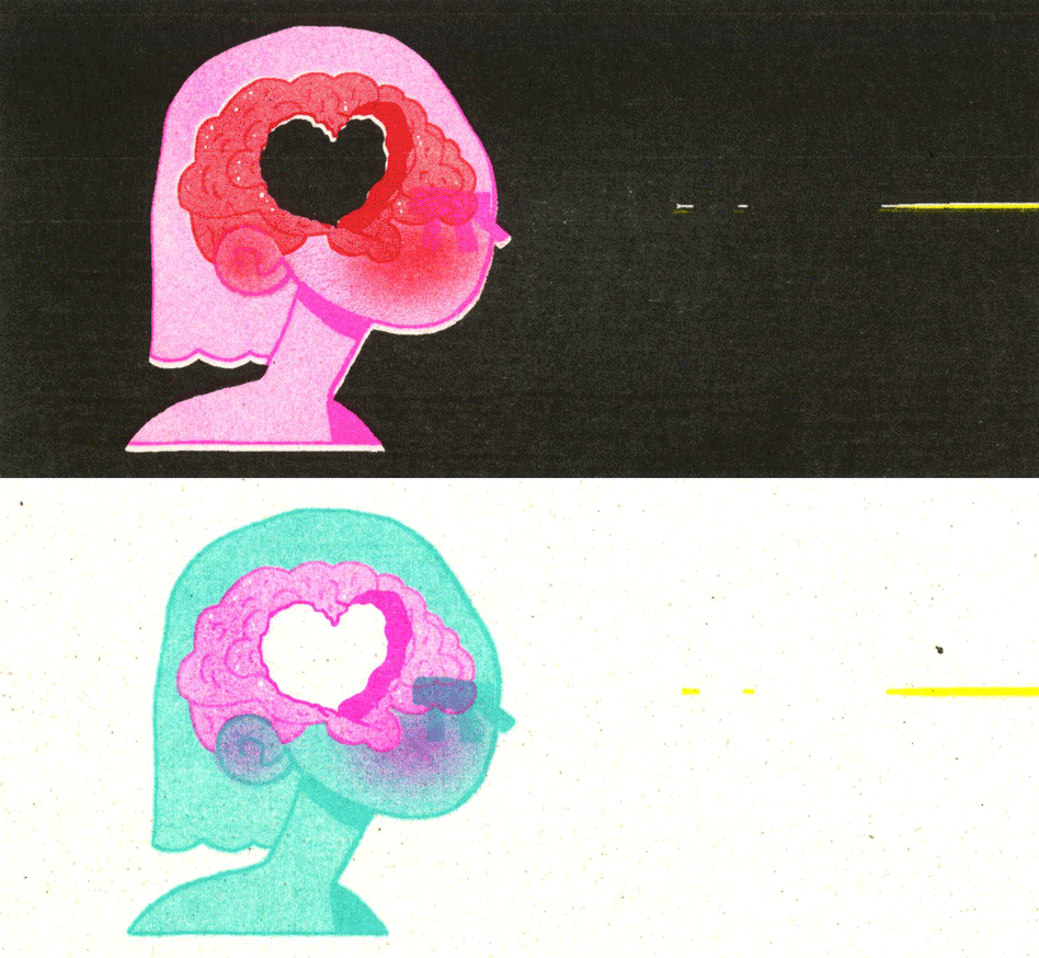 An animated GIF of a young woman shooting laser beams out of her eye. There is an X-ray looking at her brain, and it shows a heart-shaped cup out of it.