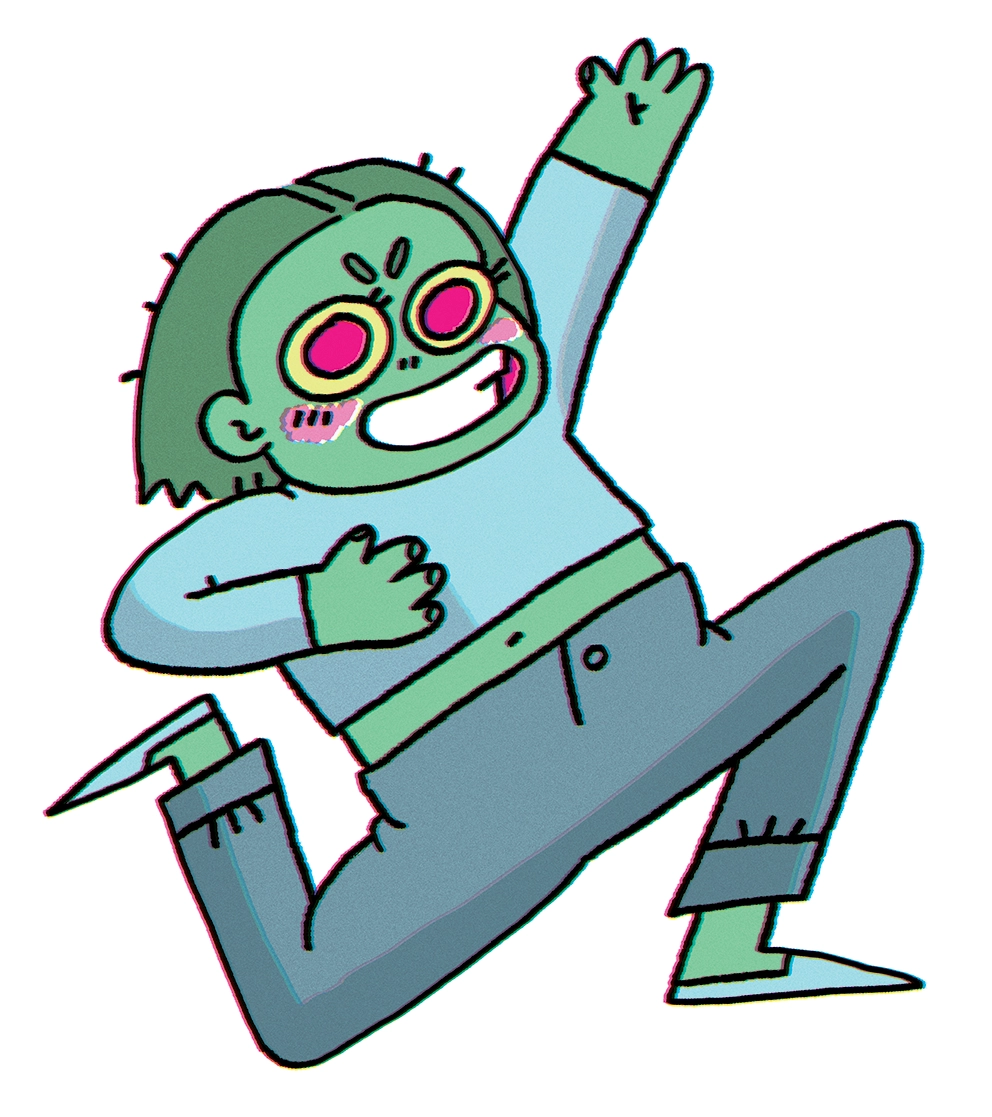 A green girl stretches