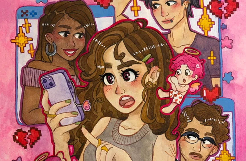 image of Panic’s cover page. Features a girl with brown curly hair looking at her phone, shocked. She is surrounded by 3 love interests in browser tabs looking at her, as well as two pink-haired chibi angels