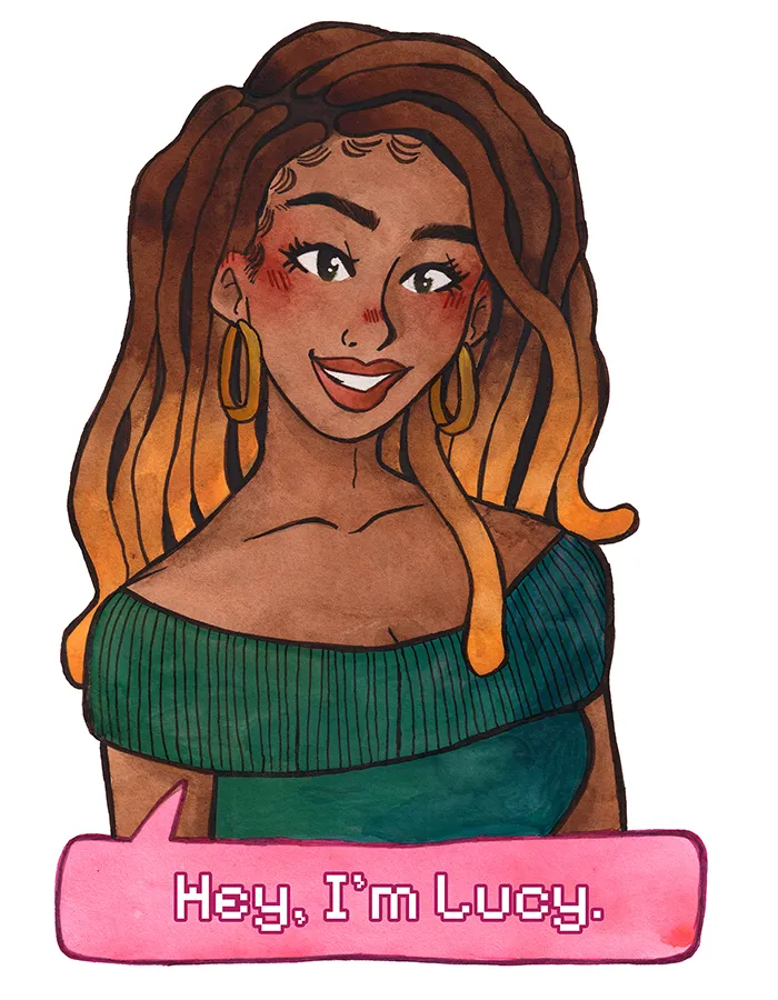 Half-body portrait of a black woman with dreadlocks that fade from dark brown to an orange blonde. She wears a teal off-the-shoulder top and big gold hoop earrings.
