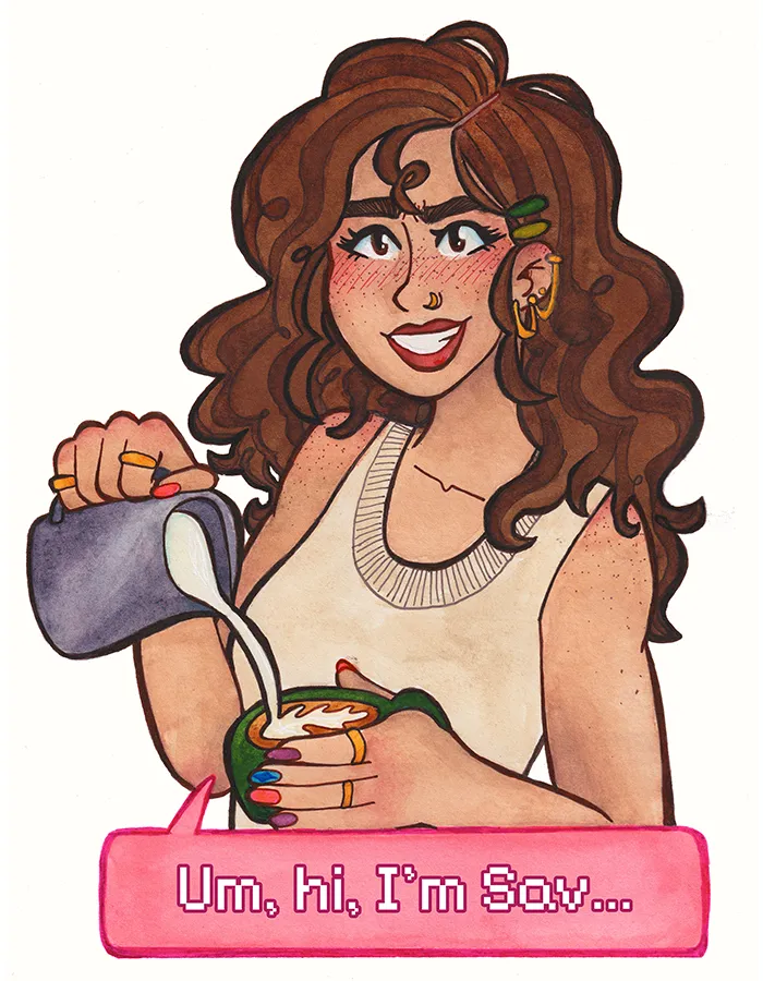 Half-body portrait of a Latina woman with brown curly hair and gold ear piercings, looking frazzled. She is pouring a cup of coffee into a green mug, and her nails are the bisexual pride colors, pink, purple, and blue.