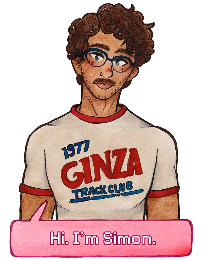 Half-body portrait of a tan Latino man, with brown curly hair and a mustache. He’s wearing a vintage running club ringer tee and tilting his head to the side.