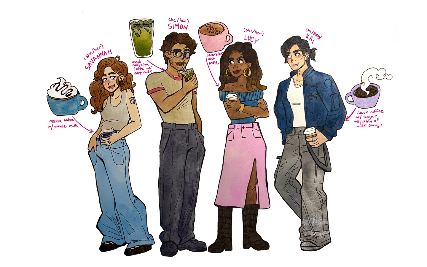 Image of all four love interests standing side by side, with their favorite coffee orders.