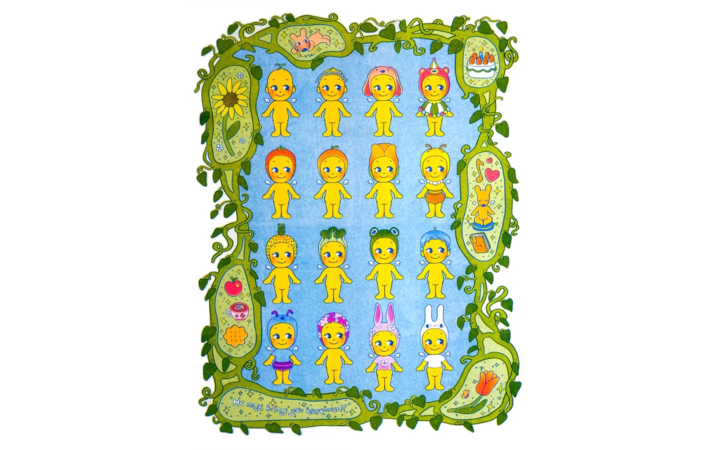 A risograph print of 12 of Abby's favorite Sonny Angels with an illustrative vine boarder.