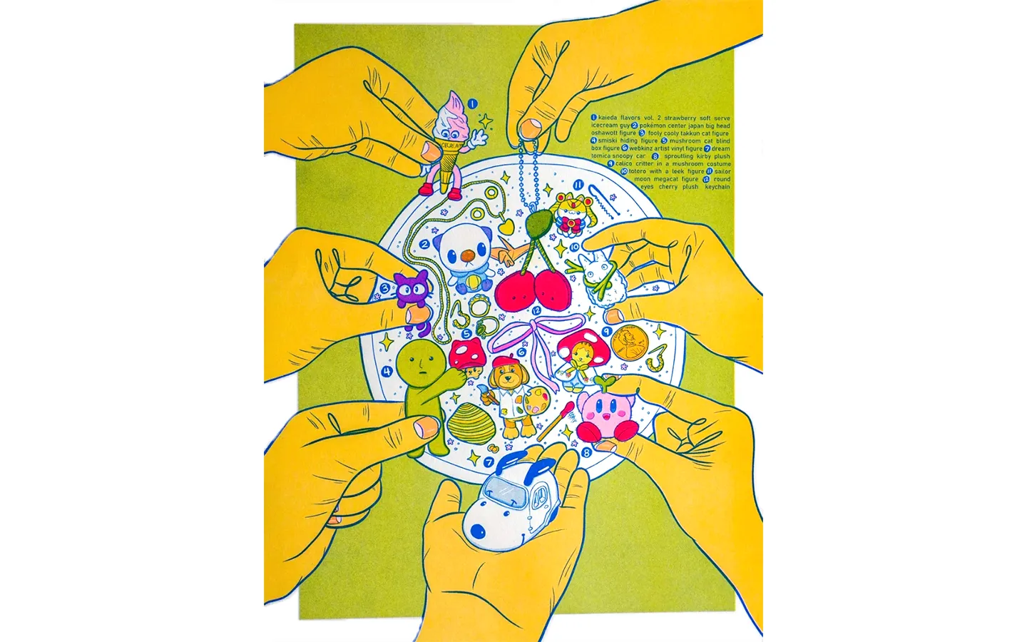 A risograph print of 12 of Abby’s favorite trinkets in a dish. There are six hands interacting with the dish, holding different trinkets.