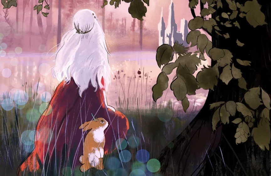 A fairy in a red dress and a rabbit looks at a castle in the background
