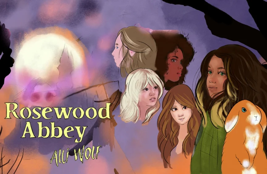 5 girls and a rabbit in front of orange and purple clouds with a castle
