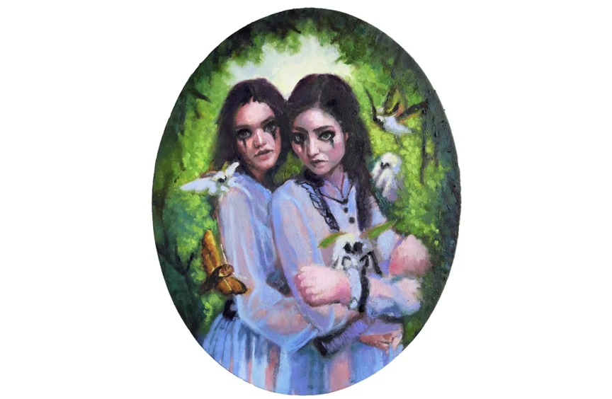 Two girls in lavender old timey dresses and moths