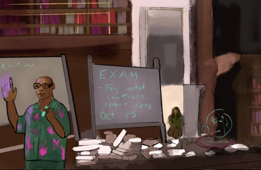 Professor in front of a magical chalkboard with books around him