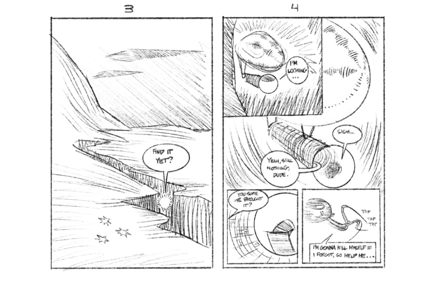 pencil outline of pages 3 (our heroes travel along the seafloor canyon as giant orthocones float past in the distance) and 4 (our first look at the glowing comb jellyfish they travel in and of Nurt himself)