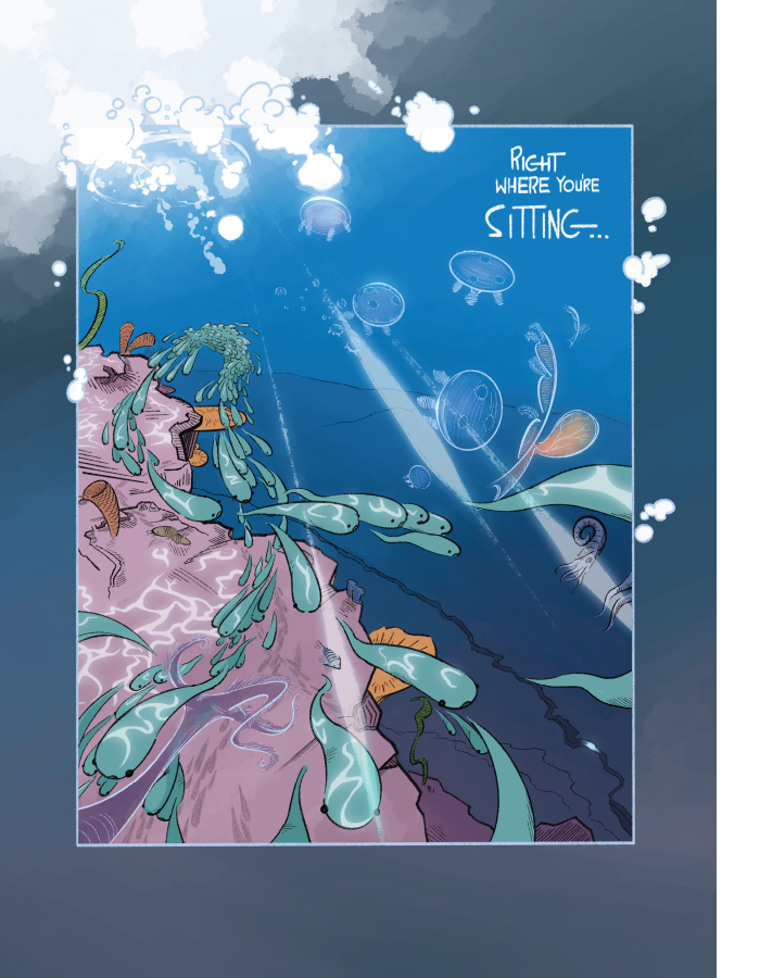 page 2, showing a lively Ordovician reef, caption reading Right Where You're Sitting…