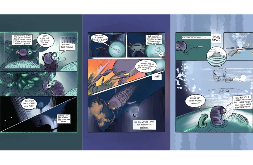 pages 5 (Nurt and Bap argue inside the jellyfish, oblivious to a sea scorpion stalking them from the shadows), 6 (they continue as the scorpion approaches them until a larger sea scorpion reaches out and eats it first, Nurt and Bap continue on their way), 7 (Nurt plugs in an old B-movie and the two sit down to watch)