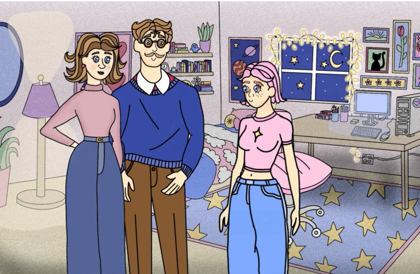 Aurora with her parents in her dorm right before she settles into her dorm for the first time.