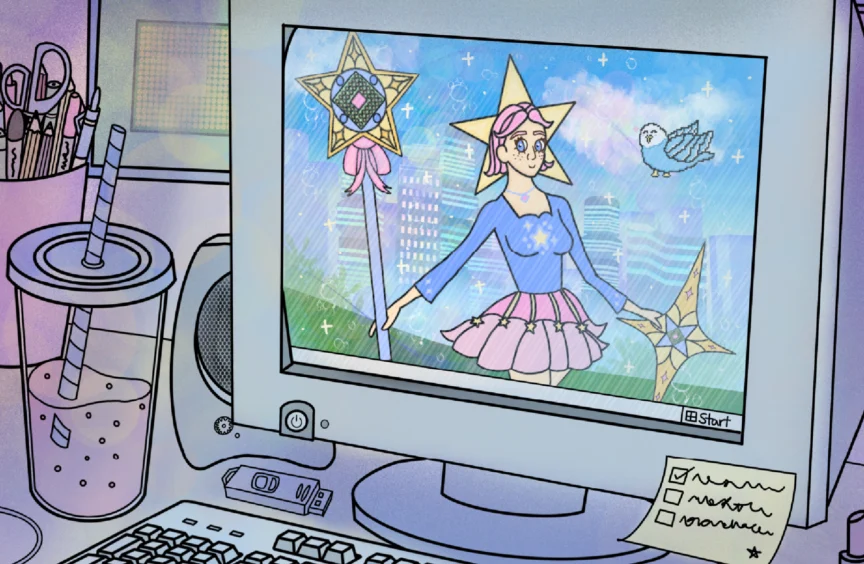 This image shows my main character Aurora inside of a computer with Bit, the pixelated parakeet