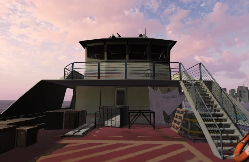 The deck of a ferry boat looking up towards the bridge.