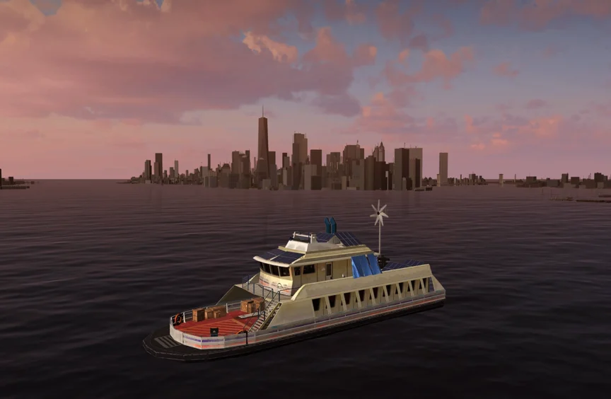 An abandoned ferry boat floats on the water. In the distance is a flooded lower Manhattan, New York City.