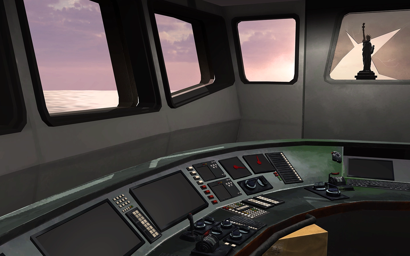 The control panel of a ship in front of a broken window through which frames the Statue of Liberty in the distance.