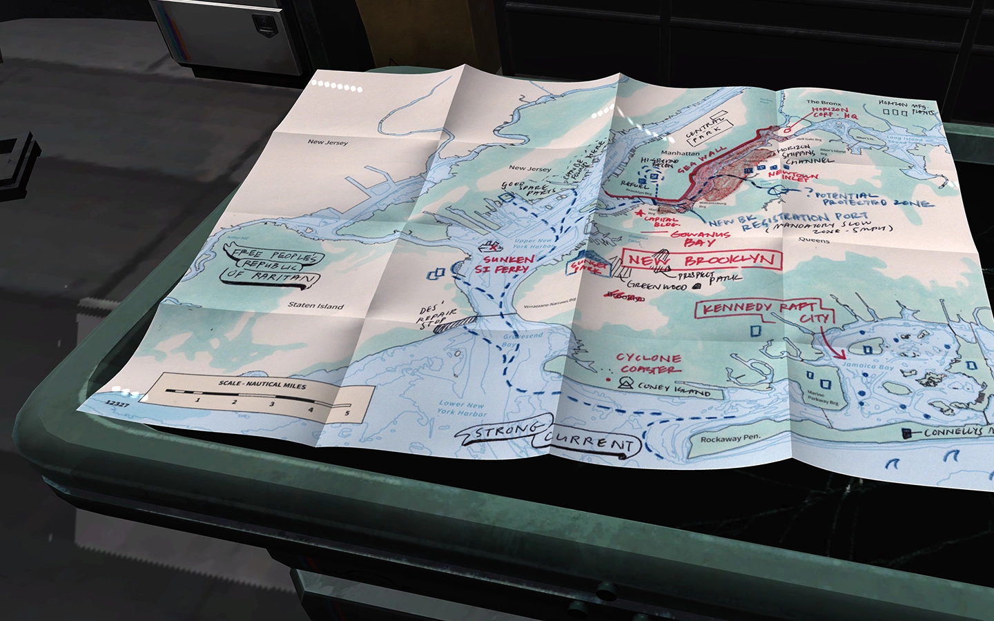 A folded map of New York City's waterways on a table.