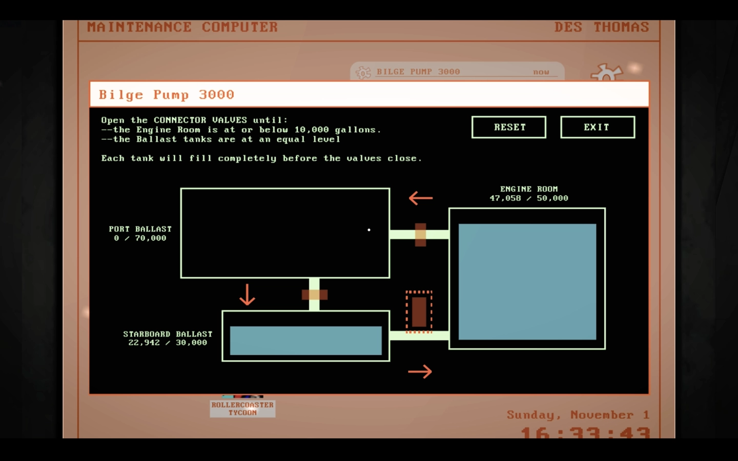 A computer program called BilgePump3000, open on a terminal computer showing different tanks for routing water.